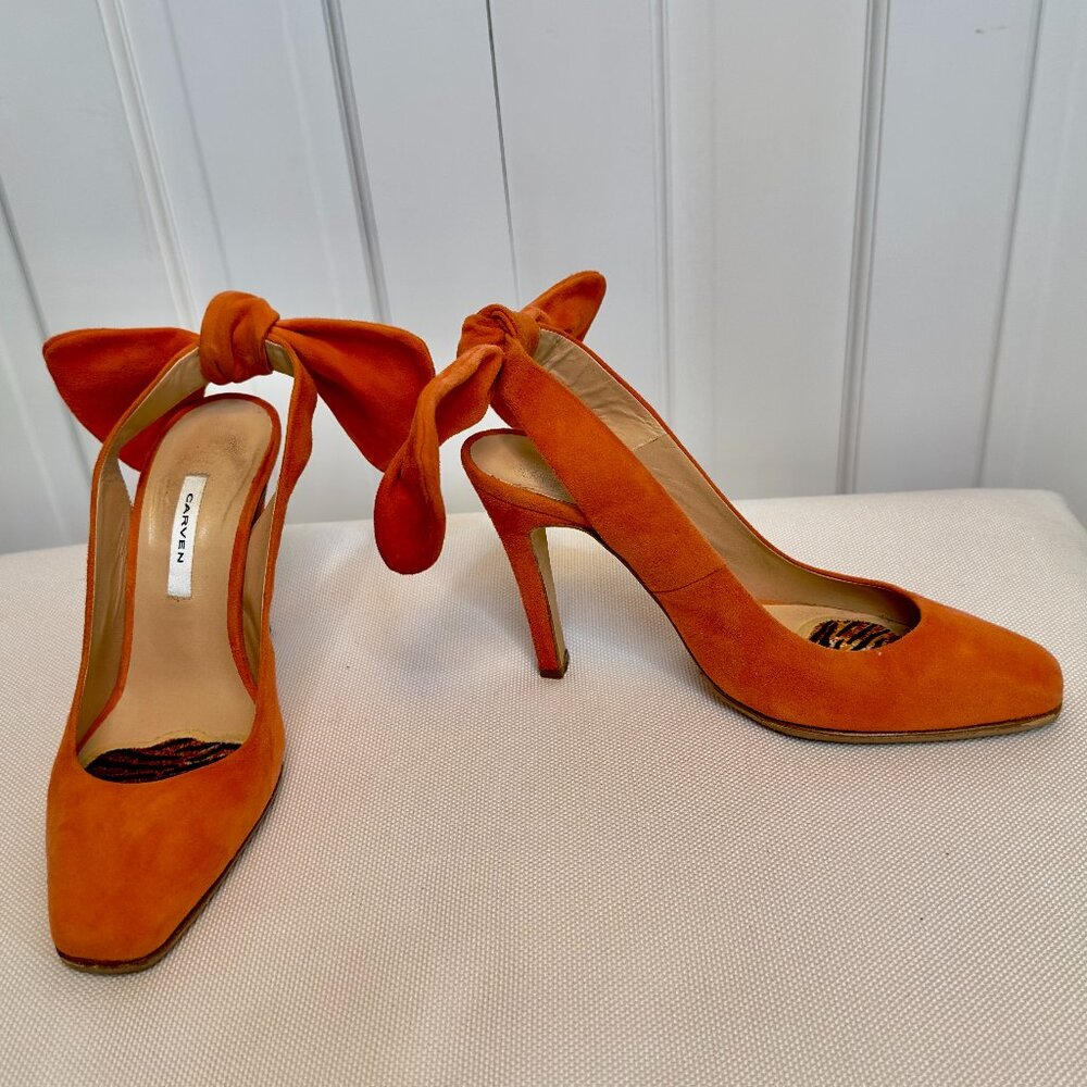 CARVEN
Bow Back Suede Slingback Pumps, orange suede, SZ. 7